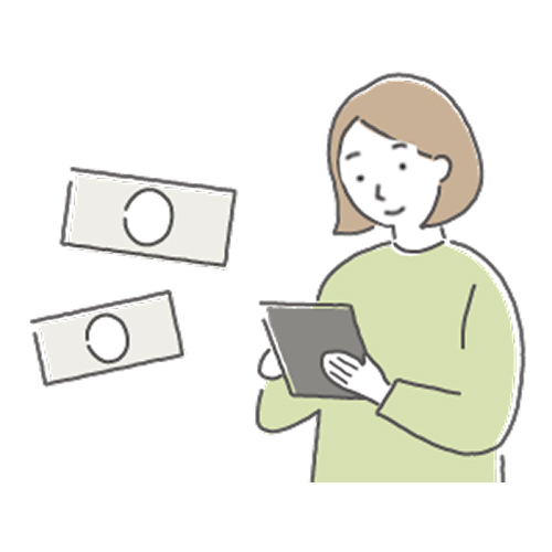 熊谷市小さい葬儀受付センターの熊谷市 直葬プランを検討する女性がタブレットで料金を確認しているイラスト